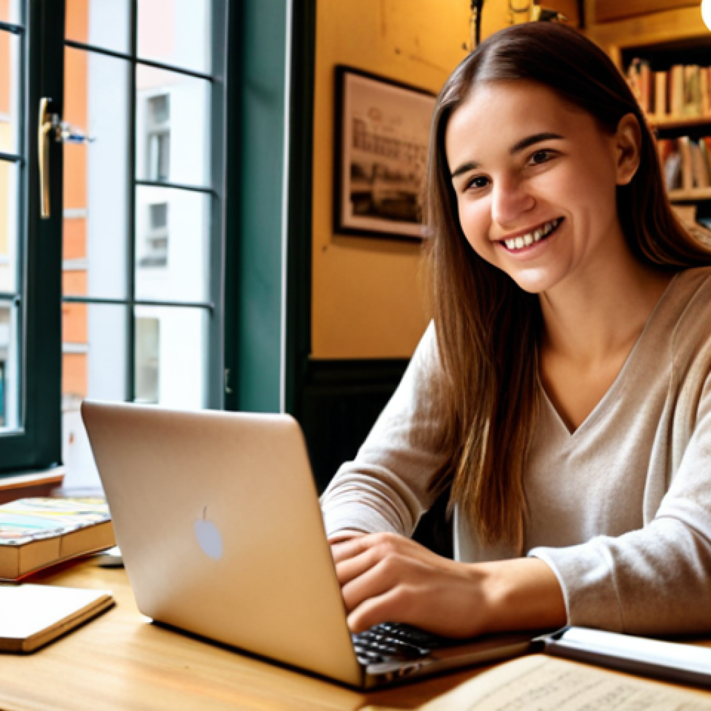 **

A motivated woman studying at a cozy cafe in Warsaw. She's surrounded by books, a laptop displaying a Coursera course, and a notebook filled with handwritten notes. She's smiling, energized by her self-learning journey. Soft, warm lighting enhances the inviting atmosphere of the café. This image highlights the importance of self-motivation and creates an inspiring learning environment.

**