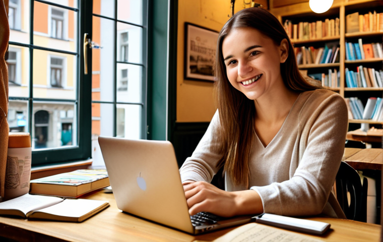 **
A motivated woman studying at a cozy cafe in Warsaw. She's surrounded by books, a laptop displaying a Coursera course, and a notebook filled with handwritten notes. She's smiling, energized by her self-learning journey. Soft, warm lighting enhances the inviting atmosphere of the café. This image highlights the importance of self-motivation and creates an inspiring learning environment.
**