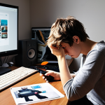 ** A person struggling with procrastination, overwhelmed by a messy desk and distractions like a TV remote and social media notifications on a phone. The scene should convey a sense of being lost and unable to focus on studying.

**