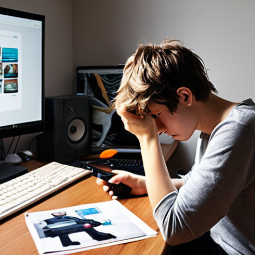 ** A person struggling with procrastination, overwhelmed by a messy desk and distractions like a TV remote and social media notifications on a phone. The scene should convey a sense of being lost and unable to focus on studying.

**