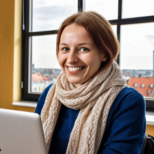**

Prompt: "A confident woman in her 30s, smiling warmly, working on a laptop at a modern co-working space in Warsaw. She is dressed professionally but comfortably, with a stylish scarf. In the background, other people are collaborating and networking. The atmosphere is bright and encouraging, symbolizing a successful return to the workforce. Soft, natural lighting. Focus on her positive expression and determination. Warsaw skyline visible through a large window. Photo-realistic."

**
