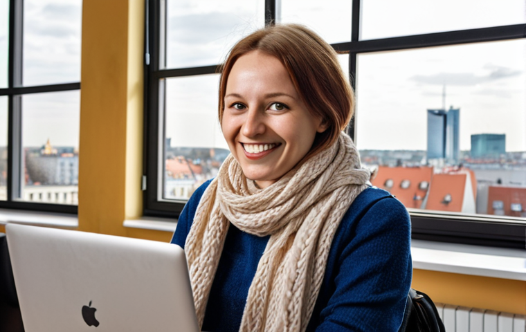 **
Prompt: "A confident woman in her 30s, smiling warmly, working on a laptop at a modern co-working space in Warsaw. She is dressed professionally but comfortably, with a stylish scarf. In the background, other people are collaborating and networking. The atmosphere is bright and encouraging, symbolizing a successful return to the workforce. Soft, natural lighting. Focus on her positive expression and determination. Warsaw skyline visible through a large window. Photo-realistic."
**