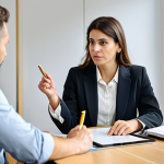 A professional self-learning coach, a woman, in a modest business blazer and blouse, sits opposite a male client, in a professional shirt, at a modern, clean desk in a brightly lit coaching office. The coach is gently gesturing towards a structured study plan displayed on a tablet, while the client attentively listens and takes notes. The scene conveys focus and collaboration. Professional photography, high-resolution, natural lighting, perfect anatomy, correct proportions, natural pose, well-formed hands, proper finger count, natural body proportions, safe for work, appropriate content, fully clothed, professional.